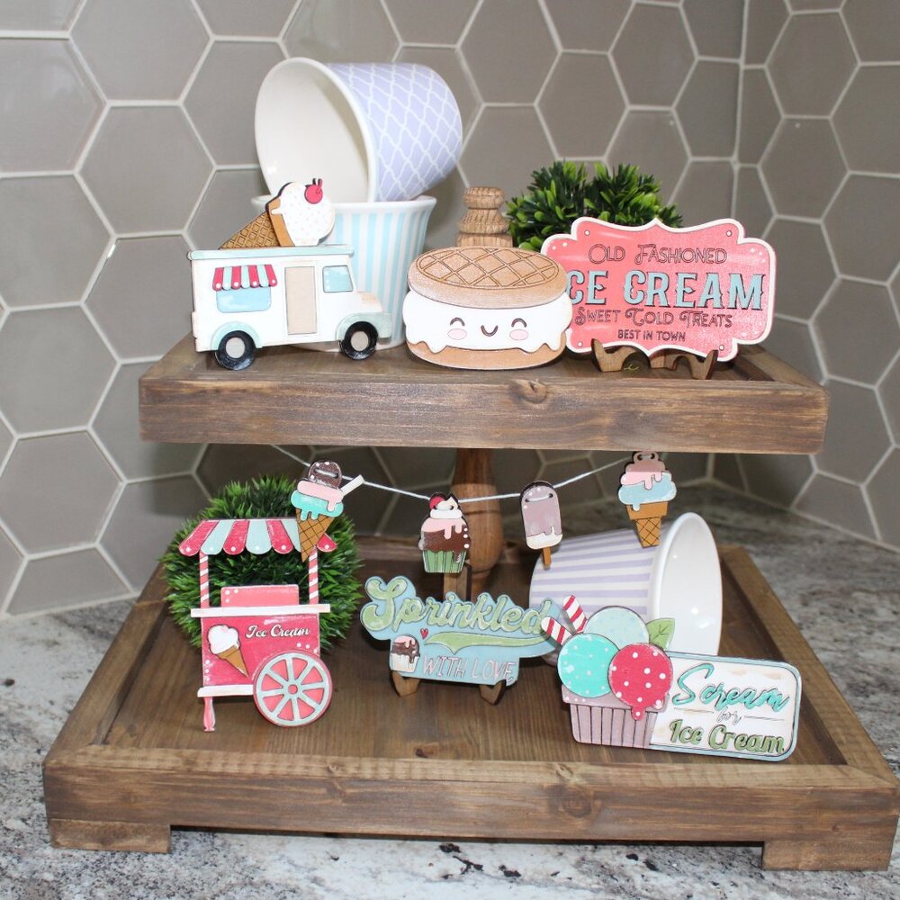 Handmade Tiered Tray Decor Old Fashioned Ice Cream, 9 Pieces, Summer, Party